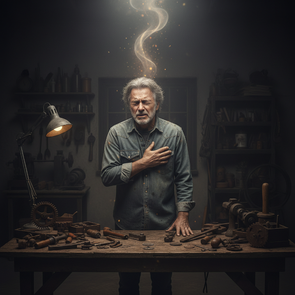 Мужчина в гараже испытывает психосоматическую боль, символизирующую потерю смысла после выхода на пенсию.