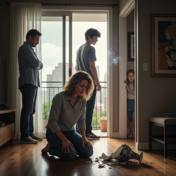 Женщина средних лет в расстроенных чувствах смотрит на разбитую вазу, подросток курит на балконе, мужчина отворачивается, младшая девочка тревожно наблюдает из двери — напряженная семейная сцена.