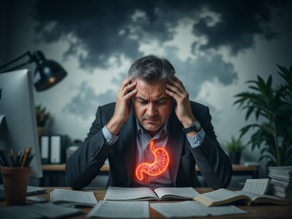 Мужчина средних лет за рабочим столом испытывает психосоматическую боль, окруженный символами стресса и давления на работе.