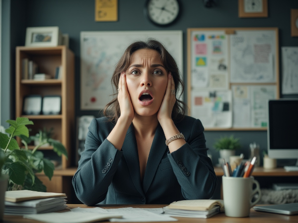 Женщина в офисе испытывает стресс и раздражение, вспоминая детство, ищет путь к спокойствию и восстановлению отношений.