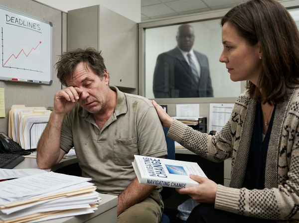 Уставший инженер средних лет в офисе испытывает стресс от токсичного начальника, а рядом образ поддерживающего психолога, указывающего путь к уверенности.