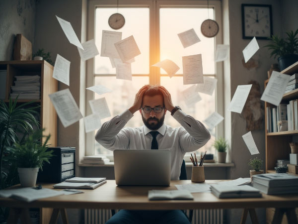Мужчина средних лет в офисе испытывает стресс от рабочей нагрузки, но виден луч надежды и пути решения.