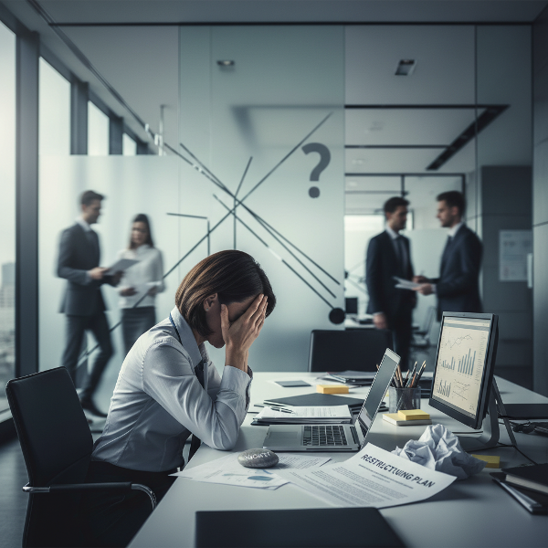 Женщина-руководитель испытывает стресс и сомнения на фоне изменений в офисе, символизируя выгорание и кризис профессиональной идентичности.