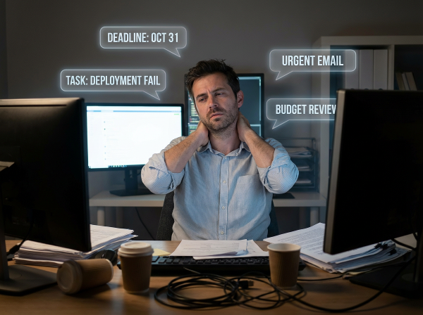 Уставший руководитель IT-проекта ночью за рабочим столом, окруженный плавающими сроками и задачами, с напряжением в теле и чувством тревоги.