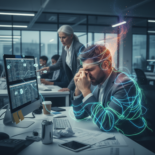 Иллюстрация эмоционального выгорания и микроменеджмента в IT-среде.
