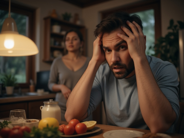 Мужчина испытывает стресс и раздражение дома, в то время как его жена занята домашними делами, что символизирует внутренний конфликт и накопленные эмоции.