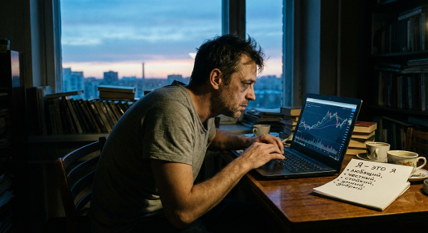 Мужчина средних лет в состоянии стресса и бессонницы, но с зарождающимся лучом надежды и началом самоанализа.