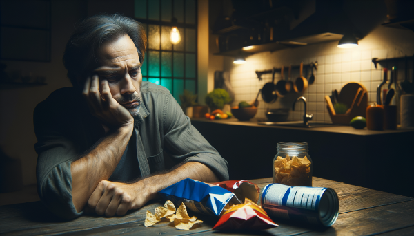 Мужчина средних лет в состоянии стресса вечером на кухне, символизирующий борьбу с эмоциональным перееданием и поиск спокойствия.
