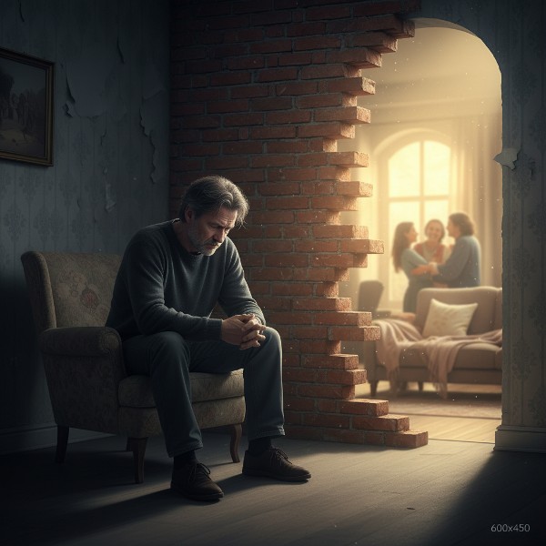 Мужчина средних лет в состоянии стресса и отчуждения, символическая стена отделяет его от тепла и близости.