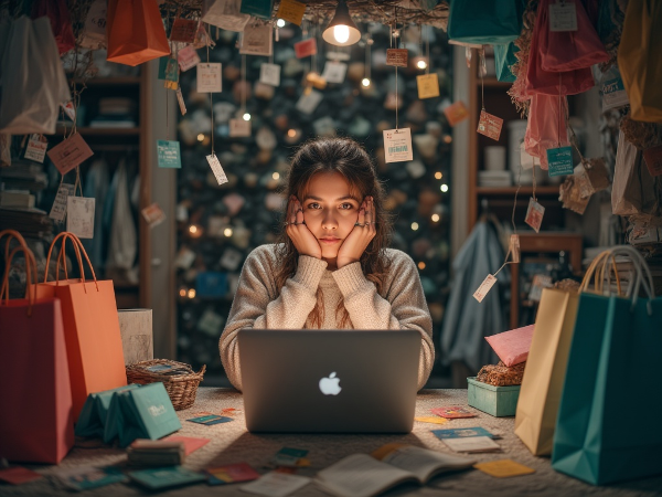 Женщина, окруженная паутиной покупок и кредиток, смотрит на экран ноутбука, но в беспорядке виден проблеск света.