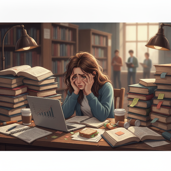 Студентка за столом в библиотеке с тревожным выражением лица, окруженная книгами и бумагами