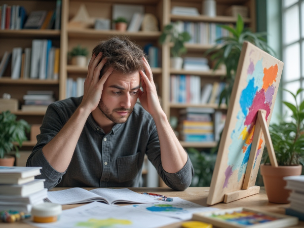 Студент испытывает головную боль от стресса учебы, но находит облегчение в творчестве и общении с друзьями.