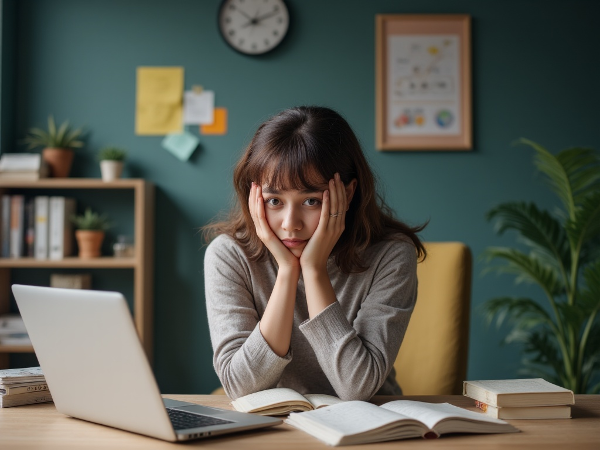 Молодая студентка, испытывающая стресс и усталость от совмещения учебы и работы, окруженная учебными материалами и символами тревоги.