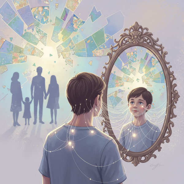 Взрослый смотрит в зеркало, отражающее его детское "я", связанное прозрачными нитями с настоящим, на фоне семейных силуэтов.