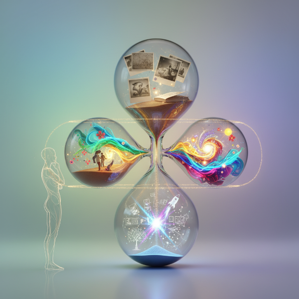 Абстрактное изображение сбалансированных песочных часов с тремя камерами, символизирующих гармонию между прошлым, настоящим и будущим.