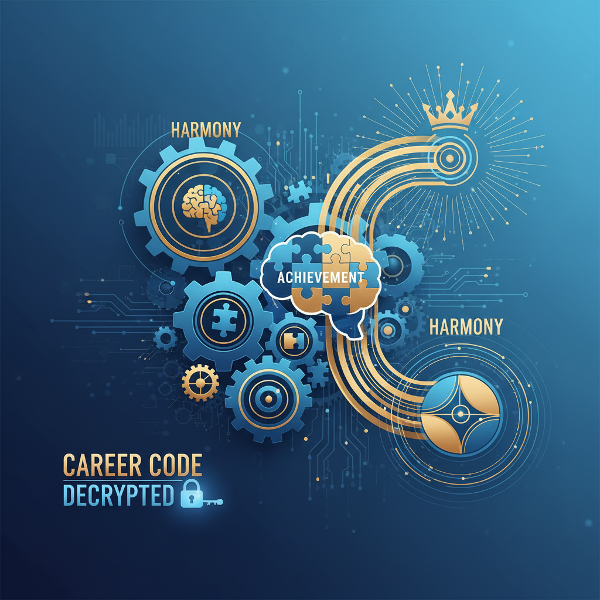 Абстрактная иллюстрация с шестеренками, пазлами и потоками энергии, символизирующими расшифровку внутреннего кода карьерной мотивации в корпоративном стиле.