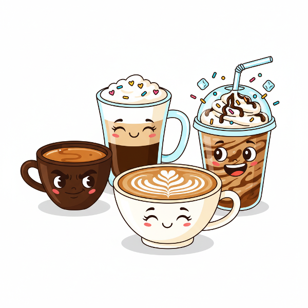 Веселое мультяшное изображение различных кофейных напитков с лицами и характерами, символизирующих философию кофе и личностные черты.