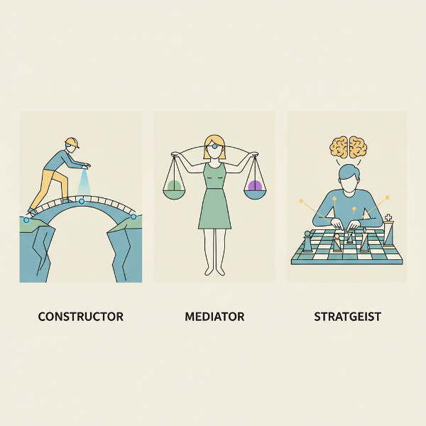 Символическое изображение трех подходов к разрешению конфликтов: конструктор, посредник и стратег.