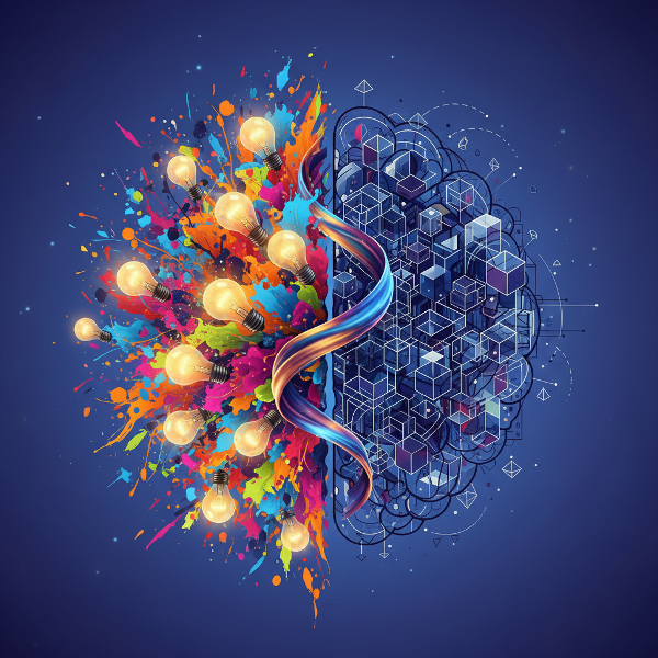 Абстрактная иллюстрация мозга с двумя полушариями: хаотичным творческим и структурированным организованным, соединёнными потоком энергии, символизирующая источники творческой силы.