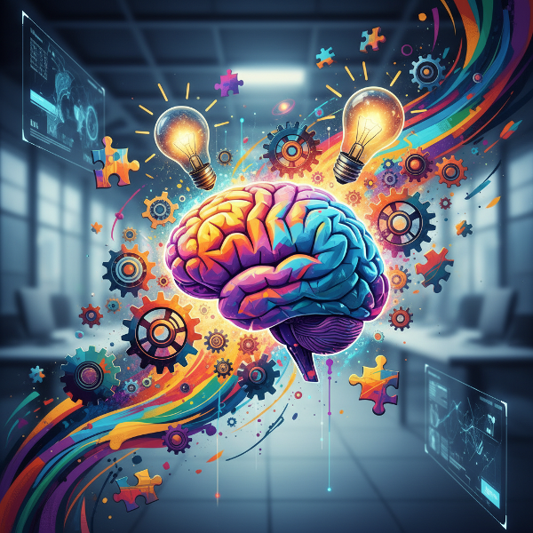 Абстрактное изображение человеческого мозга с шестерёнками, лампочками и пазлами, символизирующее творческое мышление и генерацию идей