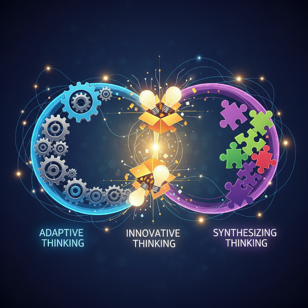 Абстрактная иллюстрация трёх типов творческого мышления: адаптивного, инновационного и синтезирующего, представленных в виде ветвей нейросети со светящимися элементами.