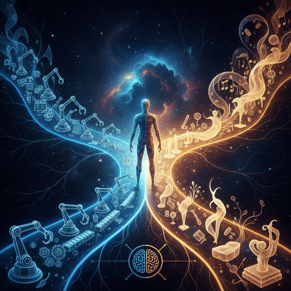 Человек на перекрестке светящихся нейронных путей, символизирующих выбор между автоматическими шаблонами и осознанными решениями.
