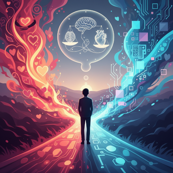Человек на перепутье эмоционального и рационального пути, с символами сердца и мозга в равновесии.