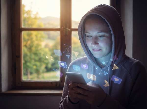 Человек на фоне цифрового и реального миров, символизирующий поиск баланса между технологиями и гармоничной жизнью.