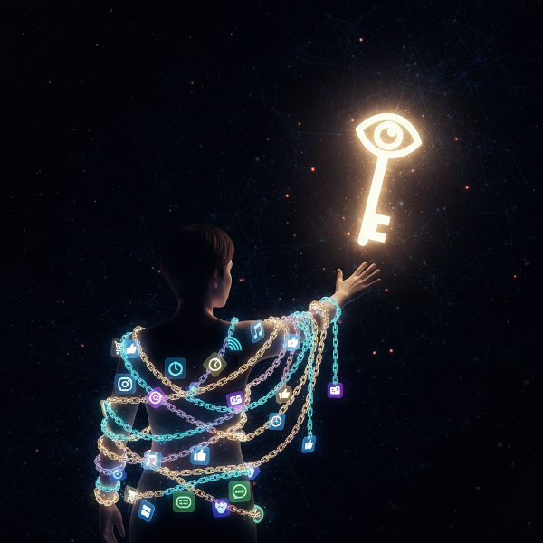 Человек, окруженный светящимися цифровыми цепями из иконок приложений, покупок и часов, тянется к ключу осознанности на темном фоне с узорами нейросети.