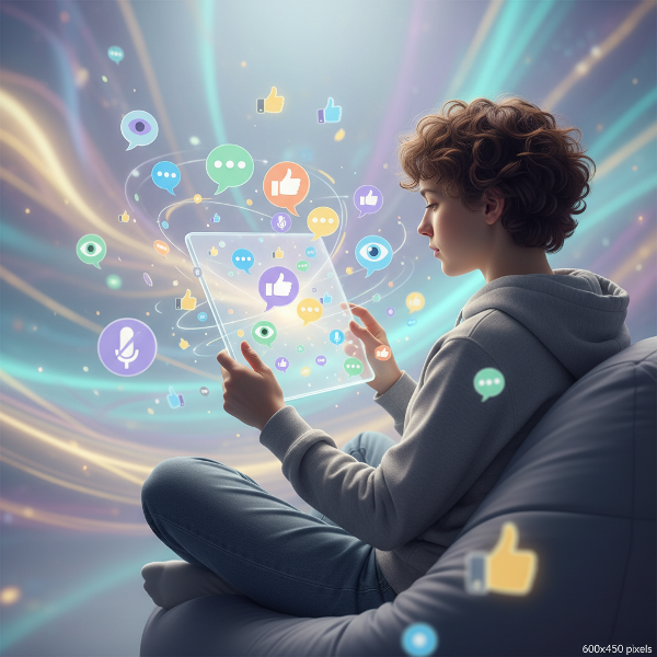 Человек в цифровом пространстве, окруженный символами разных стилей онлайн-общения: от активного обмена до тихого наблюдения.