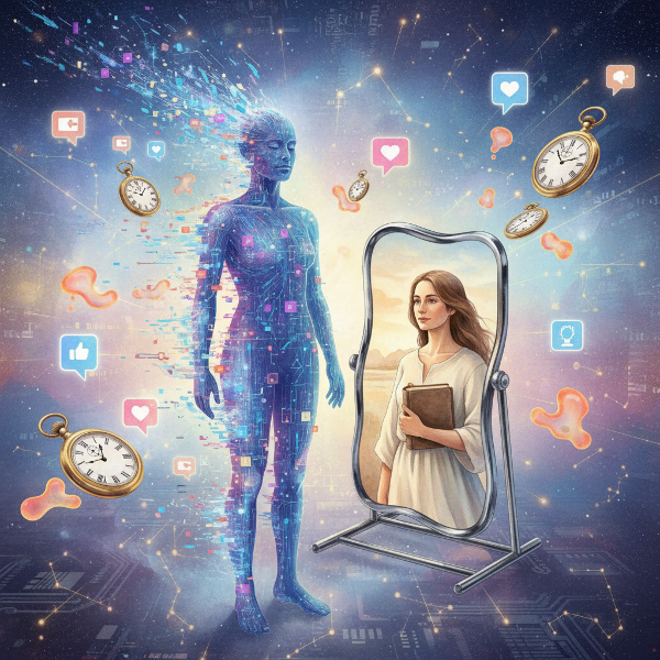 Сюрреалистичное изображение человека, растворяющегося в цифровых потоках данных, окруженного символами времени, уведомлений и зависимостей, с отражением его спокойного аналогового "я" в зеркале.