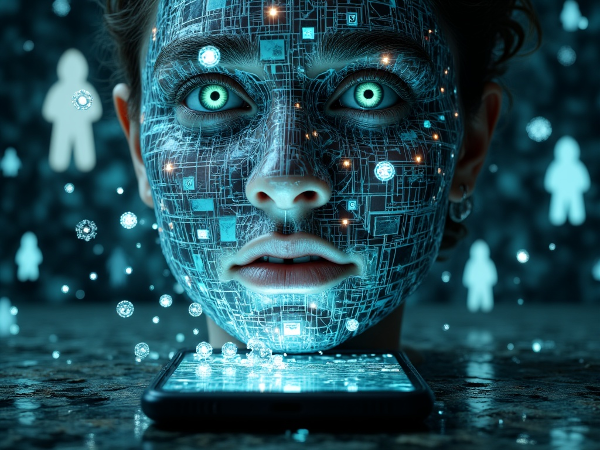 Сюрреалистичное изображение расщепления личности между цифровым и физическим миром с символами искажённого времени, пространства и социальных взаимодействий.