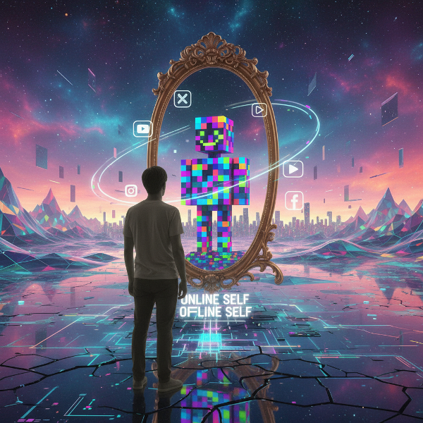 Человек смотрит в зеркало, где его отражение превращается в цифрового аватара, окружённого иконками соцсетей, символизируя разрыв между реальной и виртуальной личностью.