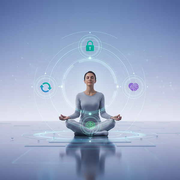 Человек в медитации, окружённый цифровыми иконками и защитными барьерами, символизирующий осознанное и безопасное взаимодействие с цифровой средой.