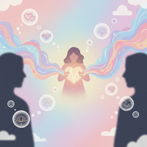 Абстрактная иллюстрация, показывающая обмен эмоциями между людьми в виде цветных волн и символов, передающая идею эмоциональной близости и открытости.