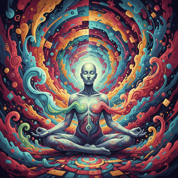 Абстрактное изображение человека с уравновешенным разумом в центре цветного хаоса, символизирующее эмоциональную гибкость и адаптивность.