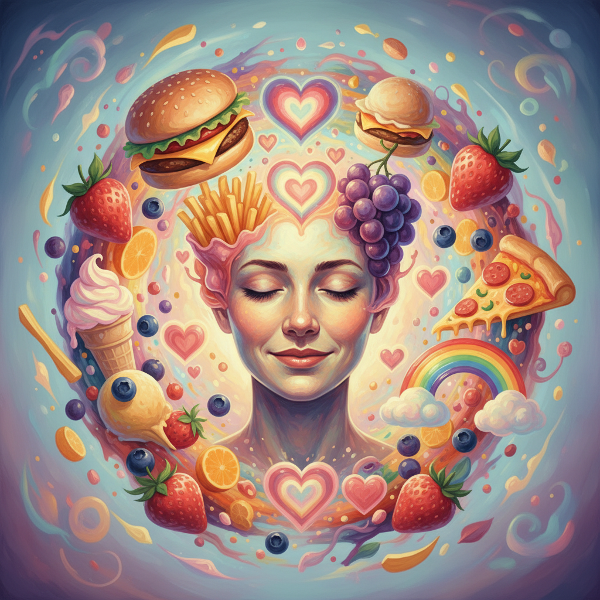 Сюрреалистичное изображение, где продукты питания и эмоциональные символы переплетаются вокруг человека, отражая связь между пищевыми привычками и внутренним состоянием.