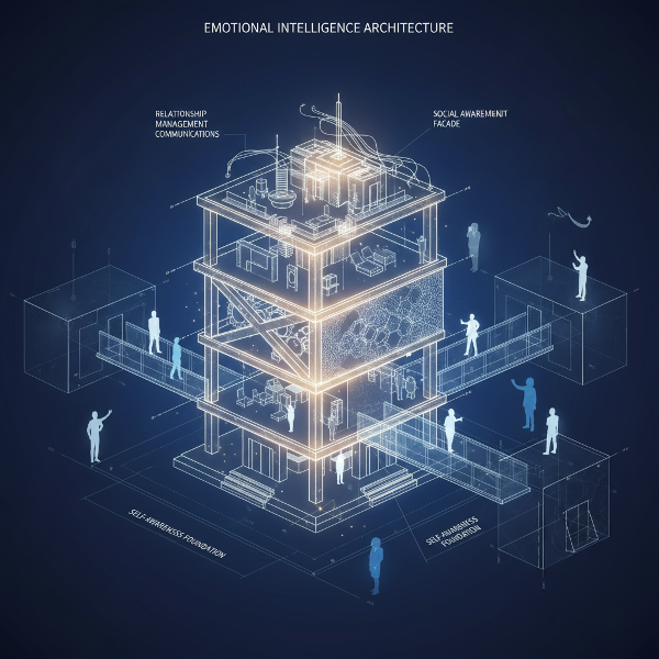 Архитектурная схема четырехэтажного здания, символизирующего структуру эмоционального интеллекта, с прозрачным каркасом и мостами-связями.
