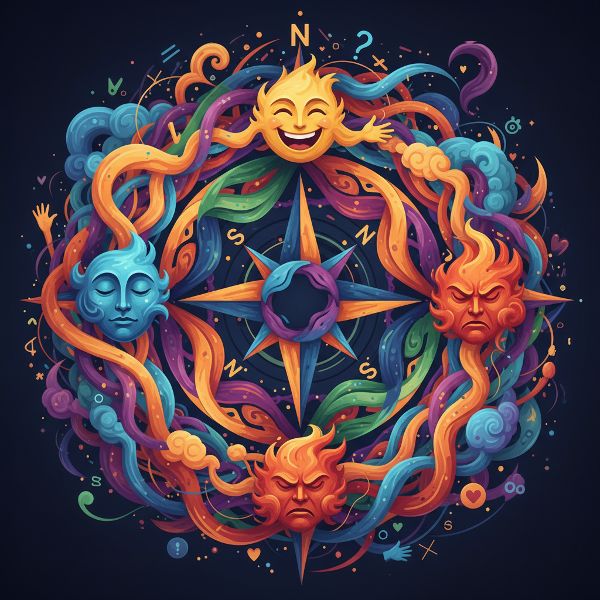 Абстрактный эмоциональный компас с лицами вместо сторон света в окружении вихрей чувств и социальных связей