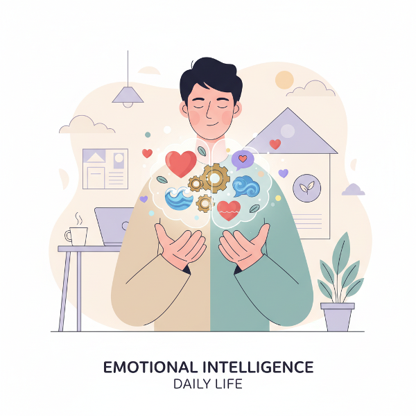 Стилизованное изображение человека с умиротворенным выражением лица, держащего светящийся мозг с символами эмоций и механизмов, выполненное в современном плоском стиле с мягкими цветами