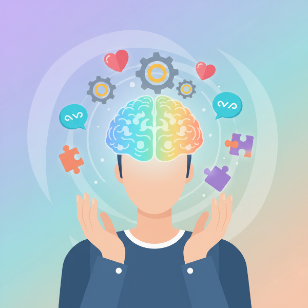 Стилизованное изображение человека, держащего светящийся мозг, вокруг которого парят символы эмоций, общения и мышления на мягком фоне.