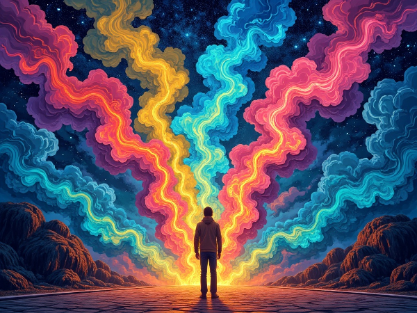 Человек на перекрестке разноцветных эмоциональных путей, символизирующих подавление, выражение и анализ чувств.