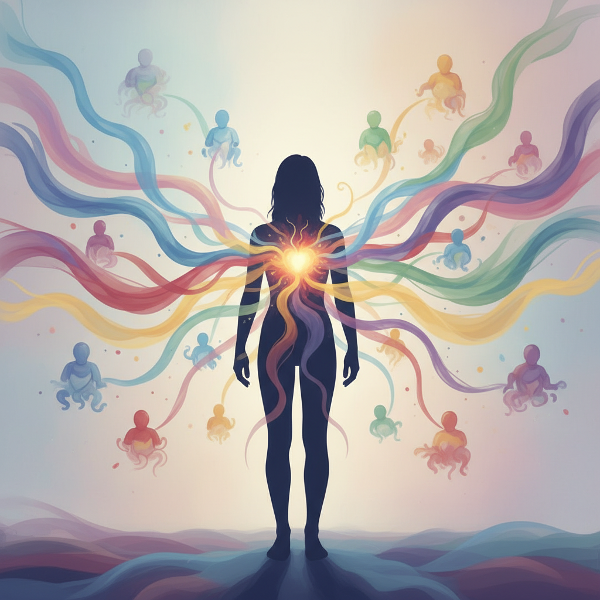 Абстрактное изображение человека с сияющим сердцем, окруженного волнами эмоций, символизирующее эмпатию и эмоциональный резонанс в общении.