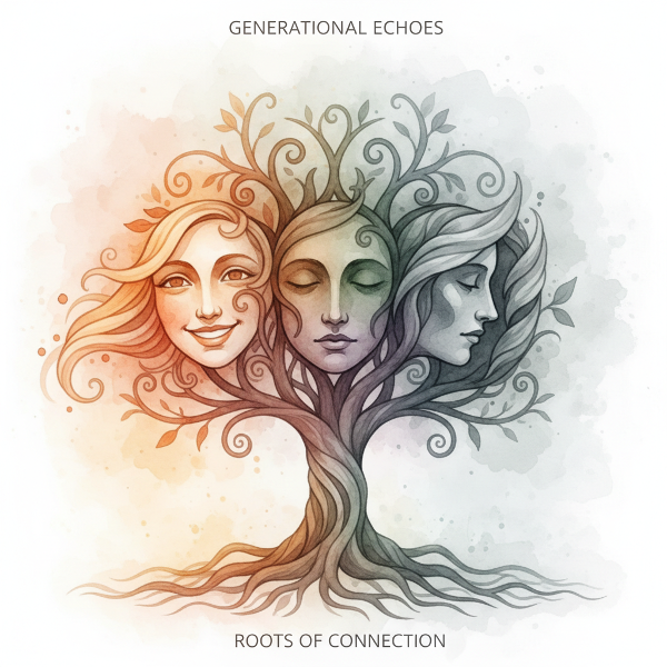 Абстрактное изображение семейного древа, где переплетенные ветви образуют лица с разными эмоциями, символизируя передачу стилей общения между поколениями.