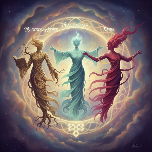 Символический семейный портрет, где абстрактные роли (Миротворец, Хранитель традиций, Бунтарь) изображены как взаимосвязанные фигуры в гармоничной динамичной системе.
