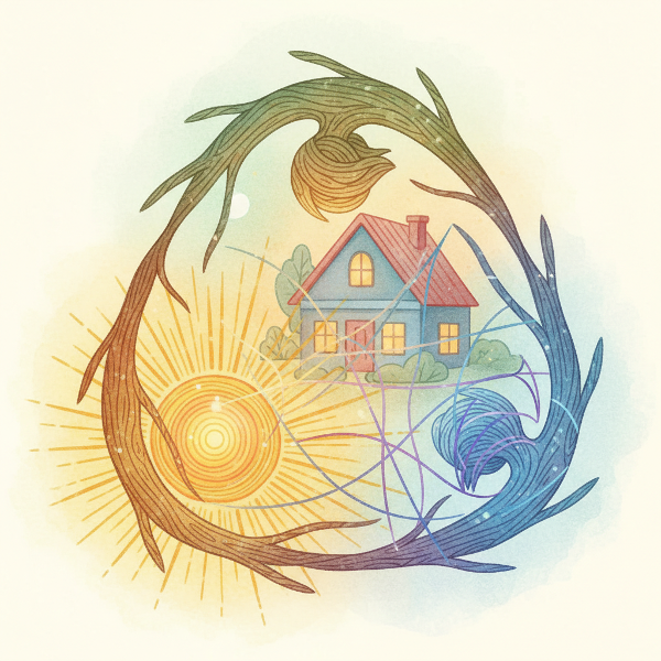 Абстрактная иллюстрация семьи как системы: три взаимосвязанные фигуры символизируют гибкость, сплоченность и коммуникацию на фоне домашнего уюта.