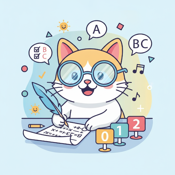 Весёлый кот-учёный за столом с тестом, пузыри ответов и индексы 0,1,2
