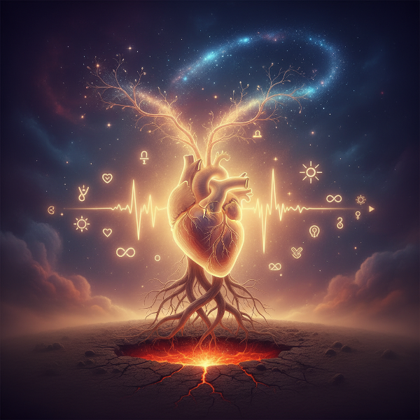 Сердце человека, излучающее свет, с корнями, уходящими в землю, и ветвями, тянущимися к звездам, в ореоле теплого света и парящих символов смысла