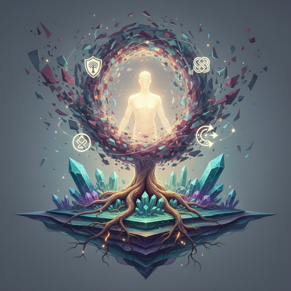 Абстрактная композиция, изображающая внутренний фундамент человека как кристаллическую структуру и корни, дающие устойчивость и свет в центре вихря неопределенности.