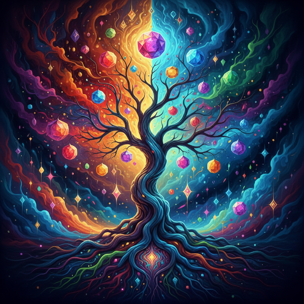 Абстрактное дерево, символизирующее внутренний мир человека, с корнями-мыслями, ветвями-эмоциями и плодами-решениями в психоделических цветах.